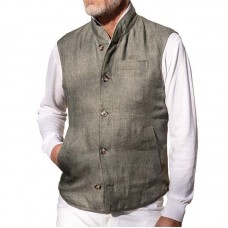 Men's Casual Stand Collar Multi-Pocket Linen Single Breasted Vest 71856913M